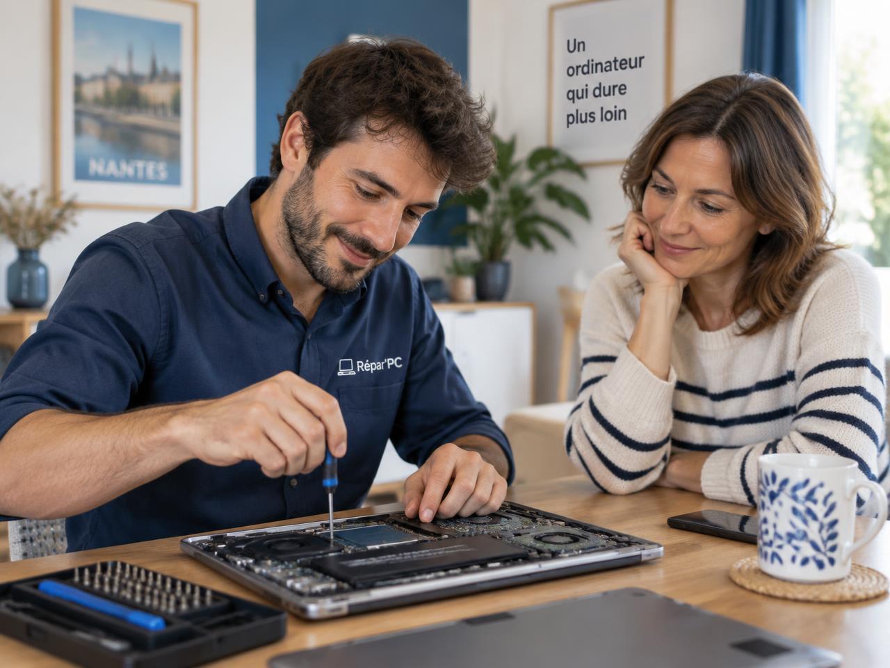 Technicien réparant un ordinateur portable au domicile d'une cliente à Saint-Germain-en-Laye